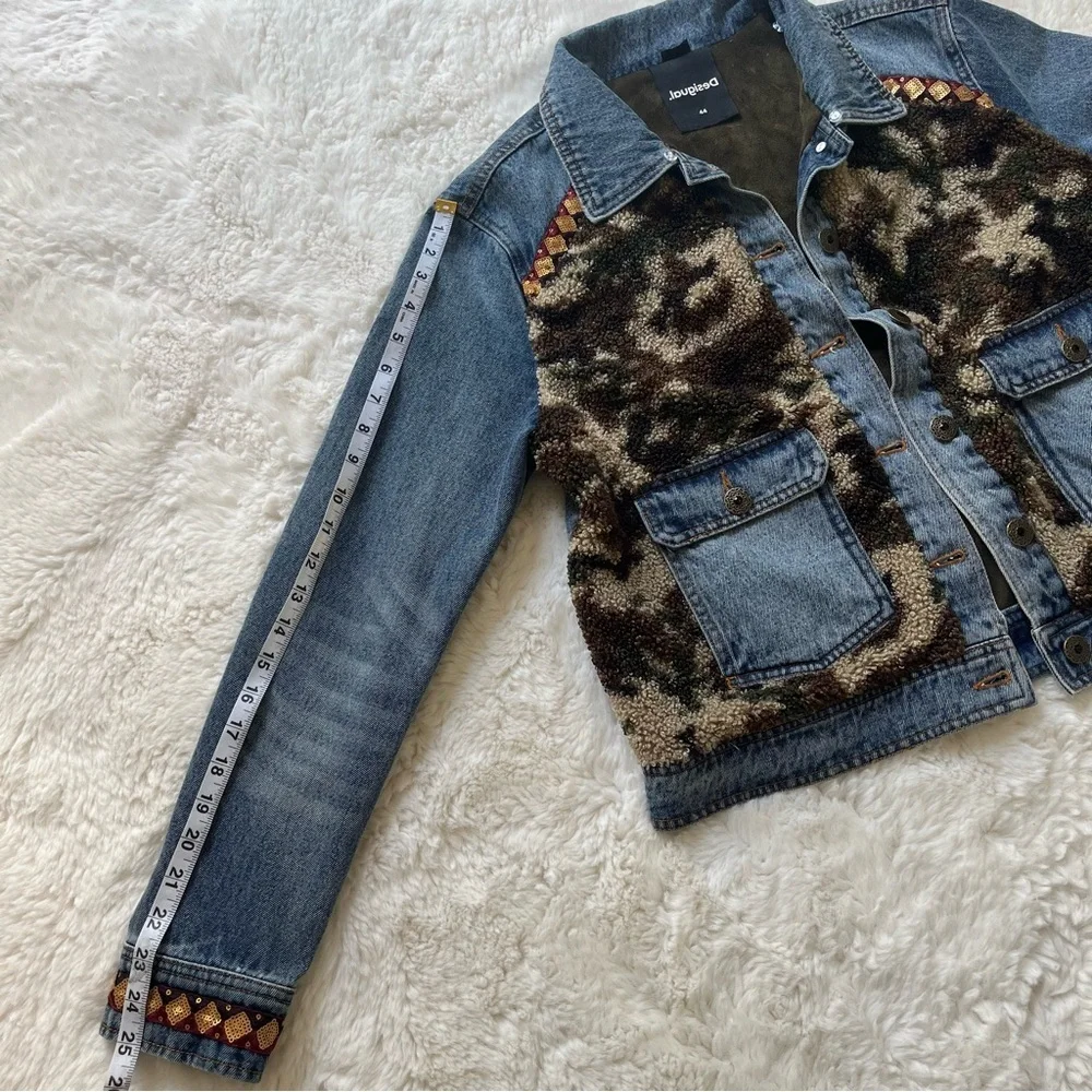 Desigual Denim Camouflage Jean Jacket with Faux Fur XL - Picture 12 of 15